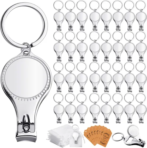 Juego de 50 llaveros para cortaúñas con tarjetas de etiqueta de acompañante, bolsas de organza con cordón blanco, llavero para abrebotellas de uñas,
