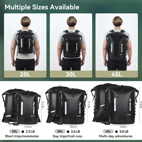 Miniatura 5 de MARCHWAY Mochila impermeable con parte superior enrollable, bolsa seca flotante de 20L/30L/45L con base rectangular ergonómica, espalda acolchada