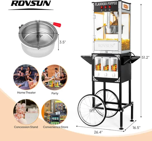 Miniatura 7 de Máquina de palomitas de maíz ROVSUN con carro, ruedas y hervidor de 8 onzas, hace hasta 32 tazas, máquina de palomitas con dispensadores de Negro