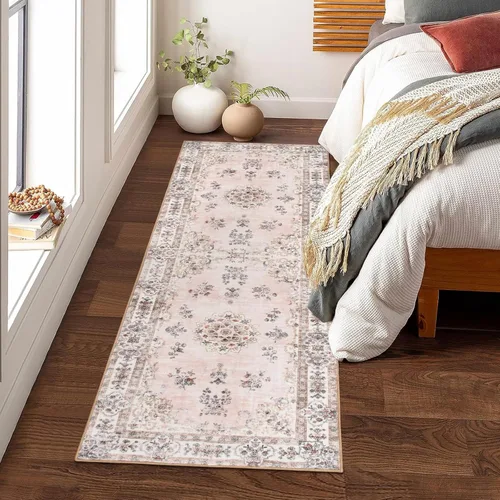 Miniatura 16 de Lahome Alfombra de pasillo rosa de 2 pies 6 pulgadas x 8 pies para pasillo, alfombra europea con estampado floral vintage lavable para cocina, baño