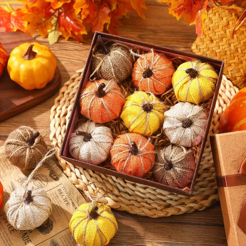 Miniatura 5 de Kajaia 12 piezas de mini adornos colgantes de calabaza de otoño de Acción de Gracias para árbol de 2.05 pulgadas, tela de arpillera, calabaza