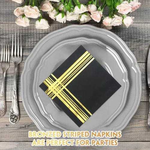 Miniatura 5 de Mimorou 200 servilletas de cóctel negras y doradas, 5 x 5 pulgadas, servilletas desechables de postre con ribete dorado para graduación, boda