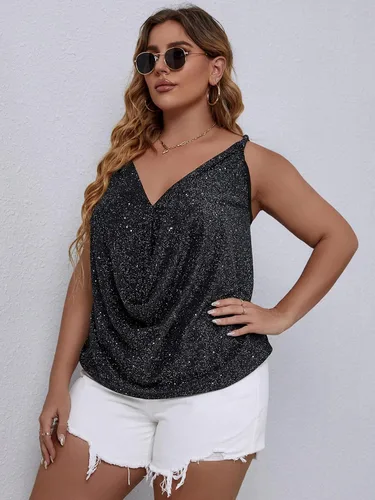 Miniatura 4 de Floerns Camiseta sin mangas con cuello drapeado con purpurina para mujer, talla grande