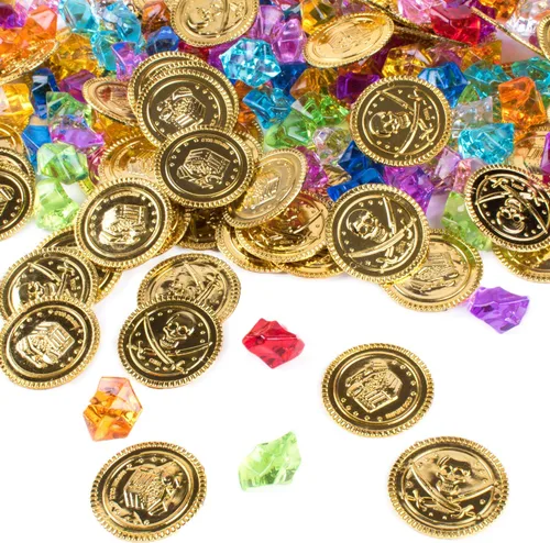 Super Z Outlet Monedas de plástico de pirata de color dorado, tesoro enterrado y gemas piratas, juego de actividades, decoración de fiesta (120