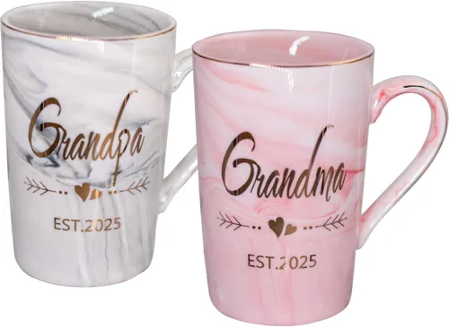Tazas para abuela y abuelo EST 2025 – Juego de tazas de café con anuncio de nuevo abuelo, regalos elegantes para baby shower, día de la madre, día