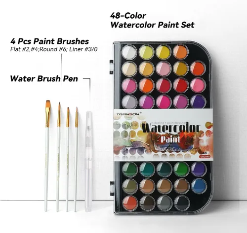 Miniatura 2 de TRANSON Juego de pintura de acuarela de 48 colores con 4 pinceles de pintura y 1 pincel de agua para adultos, estudiantes, principiantes y artistas