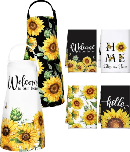 Miniatura 7 de Bencailor 6 Pcs Bee Sunflower Kitchen Set Include 4 Dish Towels and 2 Kitchen Aprons for Spring Summer Women Housewarming