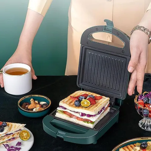 Miniatura 5 de Sandwichera, tostadora y parrilla eléctrica Panini con placa de revestimiento antiadherente para sándwiches de queso a la parrilla, fácil de Verde