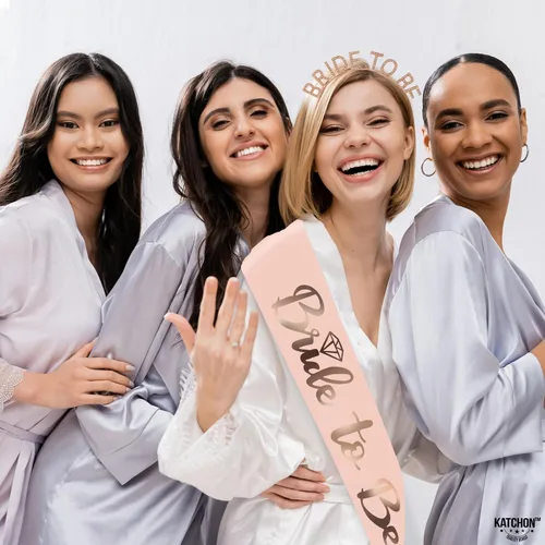 Miniatura 8 de KatchOn, Banda y diadema de oro rosa para la novia, paquete de 2, banda y tiara de novia para decoraciones de despedida de soltera, banda y corona