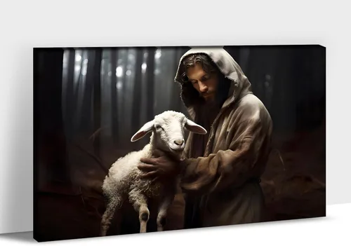 Miniatura 36 de Arte de pared en lona de Jesús y Cordero, Imagen de Jesús Corriendo tras la Oveja Perdida, Arte de pared religioso de Jesús Dejando las 99, Pinturas