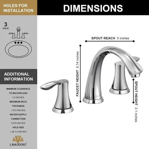 Miniatura 6 de Lava Odoro BF405-C - Grifo de baño cromado de 8 pulgadas, grifo de baño de 3 agujeros, 2 asas, grifo de lavabo de baño moderno, grifo de tocador