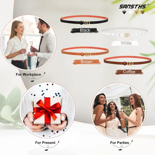 Miniatura 8 de SANSTHS Cinturones ajustados para mujer, juego de 4 cinturones finos de piel sintética con doble hebilla dorada para pantalones de mezclilla