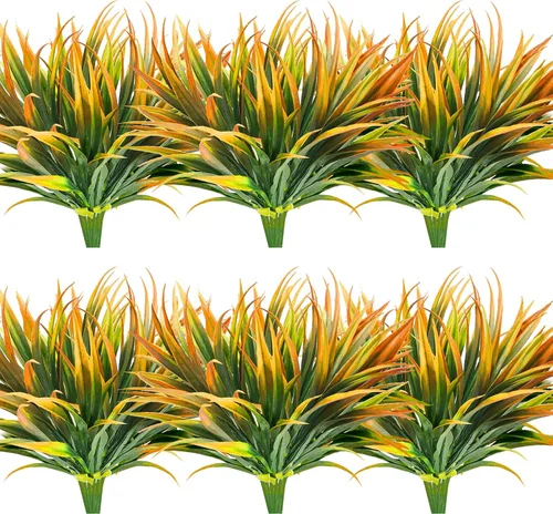 Miniatura 27 de 8 piezas flores artificiales de otoño para decoración al aire libre, plantas artificiales de otoño para exteriores, hierba amarilla artificial