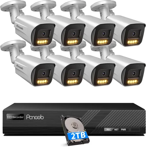 Sistema de seguridad PoE 4K de 8 canales con 2TB HDD 8X 8MP cámaras bala al aire libre AI Detección humana/vehículo, visión nocturna a color, audio