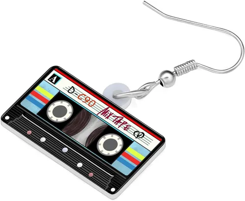 Miniatura 3 de Aretes de cinta de casete nostálgicos de los años 80 y 90 de acrílico cuelgan música clásica joyería de audio para mujeres, regalos