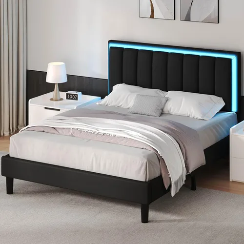 Miniatura 5 de IMMERSTABLE Marco de cama tamaño completo, marco de cama tapizado con luces LED, cama de plataforma con cabecero, soporte de listones de madera