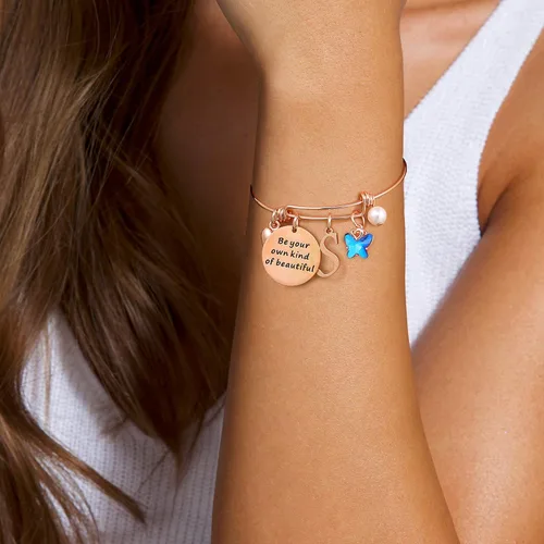 Miniatura 3 de Pulseras con dije de mariposa para mujer brazalete extensible con mensaje inspirador en inglés Be Your Own Kind of Beautiful joyería personalizada
