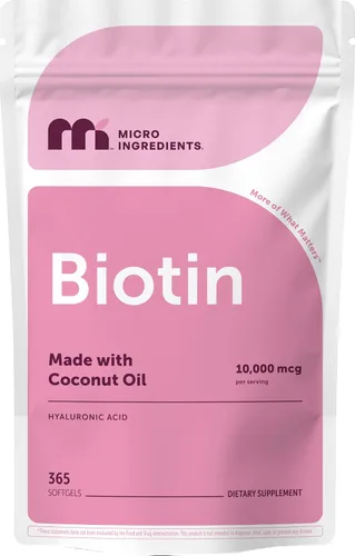 Micro Ingredients Biotina 10,000 mcg con ácido hialurónico 25 mg por porción | Fabricado con aceite de coco | 365 cápsulas blandas | 1 por día |
