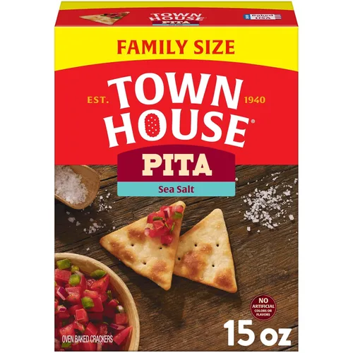 Town House Galletas horneadas al horno de pita, sal marina, aperitivos salados, tamaño familiar, caja de 15 onzas (1 caja)
