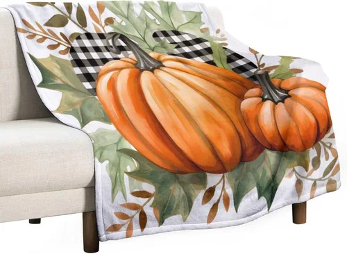 Miniatura 40 de Manta de lana cuadriculada con diseño de calabaza, hojas de arce, Acción de Gracias, manta de cama para otoño, Acción de Gracias, ligera, súper