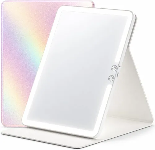 Miniatura 8 de Espejo de maquillaje de viaje con luces, espejo de tocador iluminado, 11.9 pulgadas, cuero blanco perla iridiscente