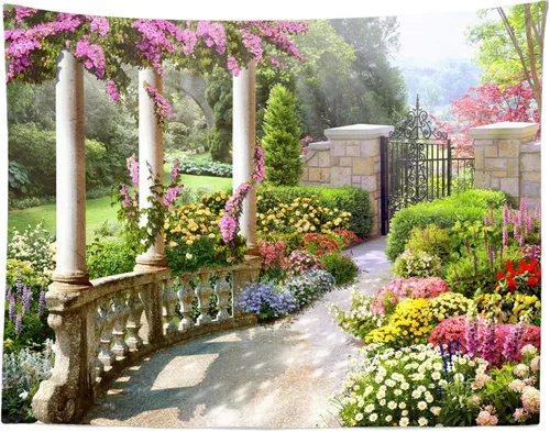BELECO Tapiz romántico de jardín secreto de primavera para colgar en la pared, 60 x 40 pulgadas, coloridas flores en flor, plantas verdes, tapiz de