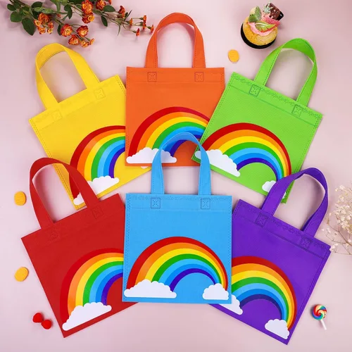 Miniatura 3 de Aneco 24 bolsas de dulces no tejidas, bolsas de regalo de fiesta de arco iris, bolsas de regalo de 8 x 8 pulgadas, 6 colores, bolsas de regalo