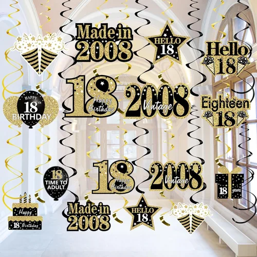 Turypaty Decoraciones de cumpleaños número 18 para niños y niñas, color negro dorado vintage 2008 18 cumpleaños espirales de papel de aluminio