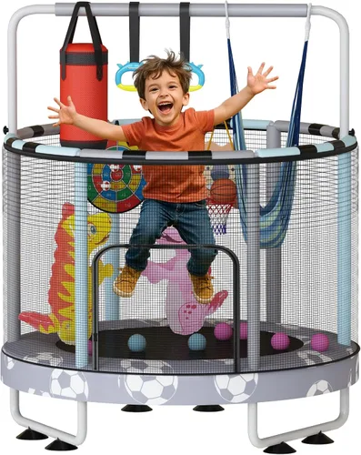 Miniatura 16 de LAMERGE Trampolín redondo 7 en 1 de 55 pulgadas para niños y niñas de 1 a 8 años, trampolín para interiores y exteriores para diversión, barandilla