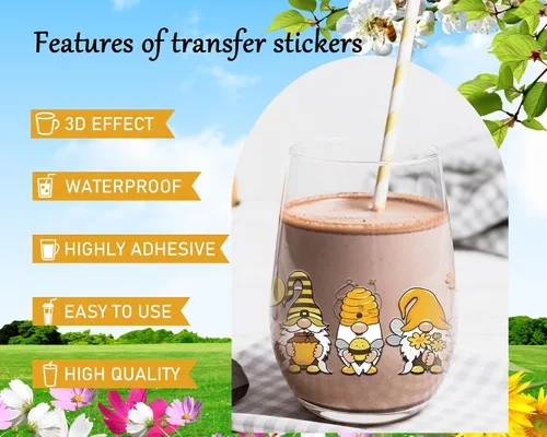 Miniatura 5 de Rngmsi Envoltura de Taza UV DTF - 8 Hojas Envolturas de Taza UV DTF de Abeja para 16 oz, Calcomanías Uvdtf de Gnomos Mariposa Panal, Calcomanías
