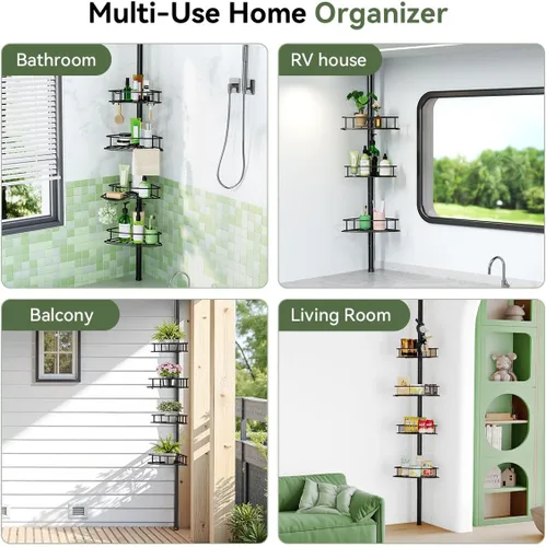 Miniatura 7 de Organizador de ducha esquinero con poste de tensión, organizador de ducha de baño ajustable de 4 niveles con soporte para jabón, estantes de ducha