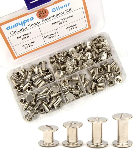Miniatura 8 de Juego de 75 tornillos Chicago surtidos, 3 tamaños, remaches de cuero plateado de 1/4 3/8 1/2, remaches de tornillo planos, postes de encuadernación