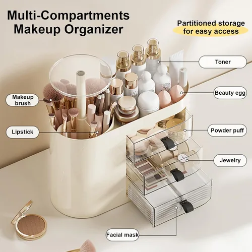Miniatura 2 de DASITON Organizador de maquillaje con 3 cajones, soporte automático para brochas de maquillaje con tapa, organizador de maquillaje de gran capacidad