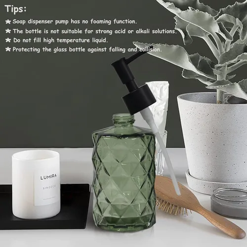 Miniatura 6 de Dispensador de jabón de vidrio verde con bomba de plástico negro, dispensador de jabón líquido para manos recargable de 12 oz, paquete de 2 botellas