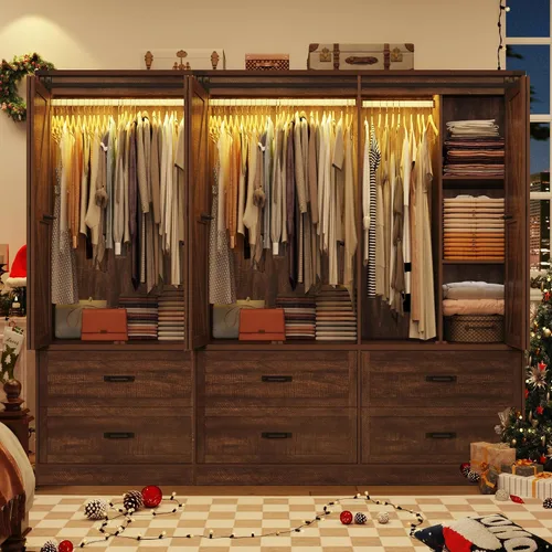 Miniatura 12 de Armario de guardarropa de granja con 4 puertas, armario de dormitorio con puerta corrediza plegable estilo granero y luces, armario de dormitorio