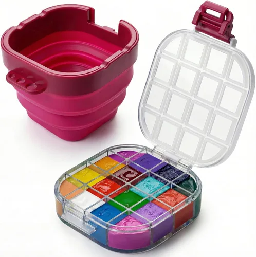 Miniatura 9 de DUGATO Caja de paleta hermética de acuarela (16 pozos) con tapa y lavabo plegable para pinceles, ahorrador de pintura portátil para acrílico, Azul