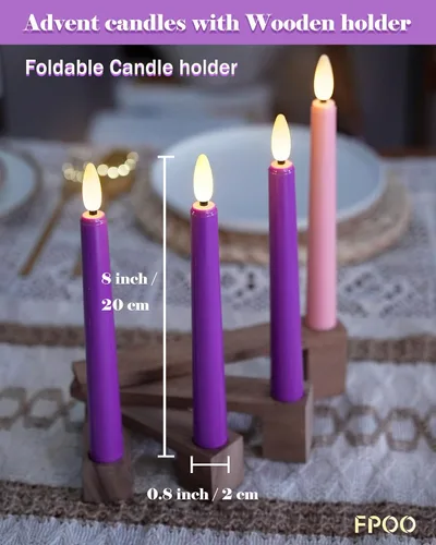 Miniatura 2 de FPOO Velas de Adviento sin llama con portavelas de madera, velas de Adviento que funcionan con baterías, 3 candeleros LED morados y 1 rosa