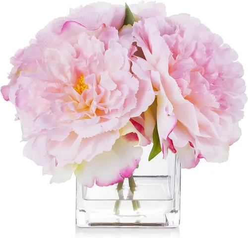 Miniatura 7 de ENOVA FLORAL Flores de seda de peonías en jarrón, flores falsas con agua sintética en jarrón de vidrio para decoración de mesa de comedor, centros