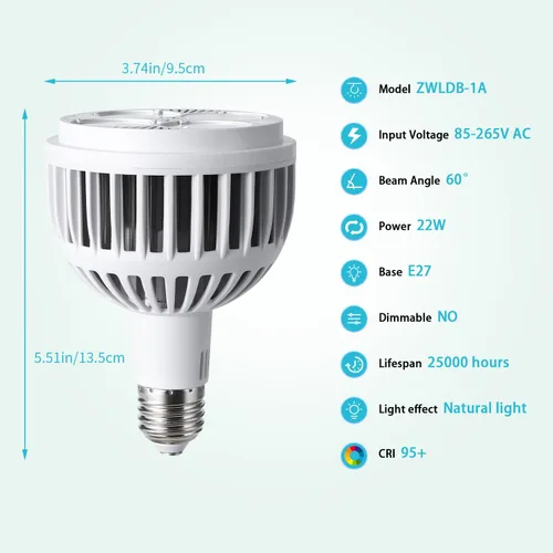 Miniatura 2 de Hywyimlait Luces de cultivo para plantas de interior, espectro completo de 4000 K, bombilla para plantas de 22 W con alto PPFD, base E27, bombilla