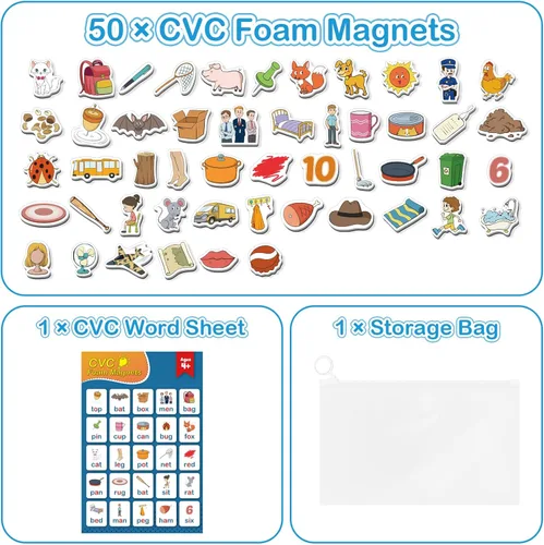 Miniatura 5 de Kasfalci Juegos de palabras CVC, 50 objetos de espuma magnética, imanes de nevera para niños, juguetes de terapia del habla para niños pequeños