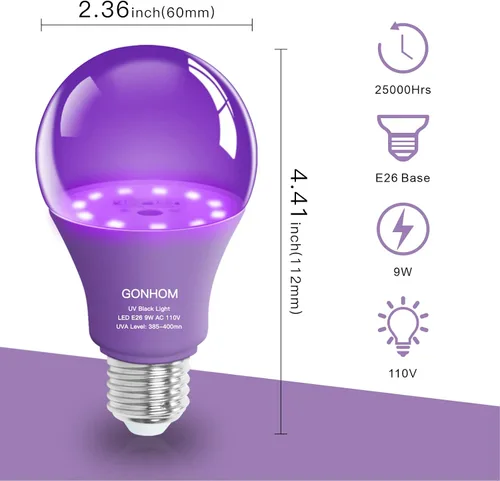 Miniatura 7 de Gonhom Paquete de 2 bombillas LED negras A19, regulables de 9 W (equivalente a 100 W), base E26 de 110 V, nivel UVA 385-400 nm, brilla