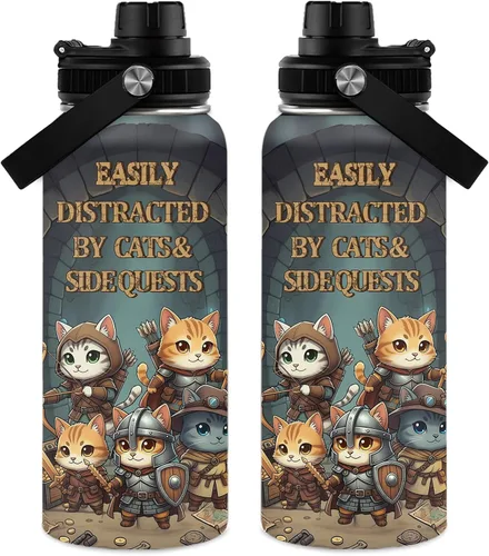 Botella de agua Gamer Cats de 32 onzas, botella de agua aislada Side Quest Cats para mujeres, regalos de anime para mujeres, regalos de cumpleaños,
