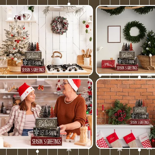 Miniatura 6 de Moucuny 4 piezas de decoración de mesa de Navidad, centro de mesa de árbol de Navidad, decoración rústica de bloque de árbol, decoración de bandeja