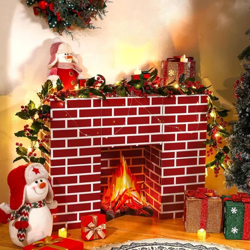 Miniatura 2 de Juego de 15 piezas de cartón navideño para chimenea, chimenea de cartón con fuego falso, bloques de tablero de tarjetas de llama falsa para Ladrillo