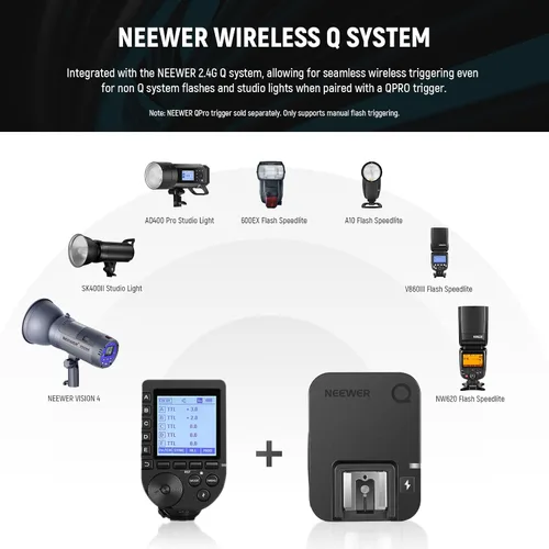 Miniatura 2 de NEEWER Receptor flash inalámbrico QR 2.4G para NEEWER QPRO-C, QPRO-N, QPRO-S, contacto único con puerto de sincronización de 0.098 in, zapatos