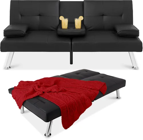 Futón sofá cama para entretenimiento Best Choice Products, moderno, se dobla y reclina, muebles, con posavasos Negro