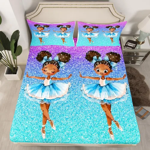 Miniatura 10 de Erosebridal Lindas sábanas negras para niñas, sábana bajera ajustable de niña africana americana, tamaño individual, sábanas psicodélicas moradas