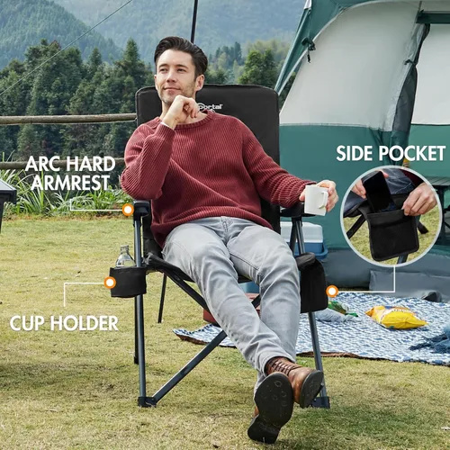 Miniatura 8 de Portal Silla reclinable de campamento con respaldo ajustable plegable para adultos, portátil, respaldo alto, de gran tamaño, 350 libras (negro)