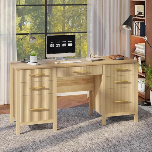 Miniatura 8 de Escritorio ejecutivo moderno con cajones: escritorios de oficina en casa de roble de 55 pulgadas con cajones de archivos, escritorio estriado