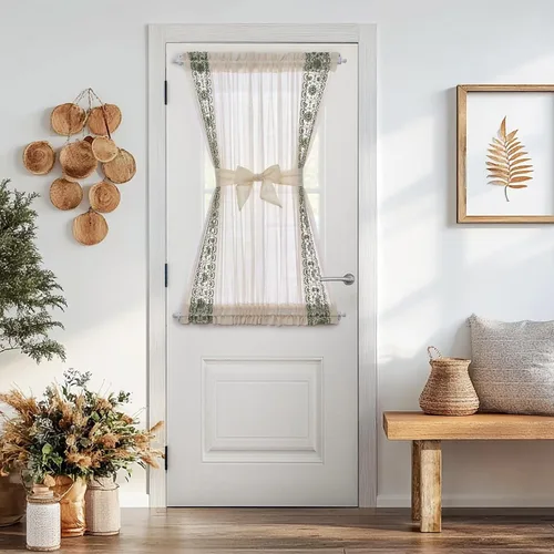 Miniatura 10 de jinchan Cortina de puerta francesa semitransparente con lazos de amarre, cortina de privacidad de gasa bordada floral para puerta de patio, armario